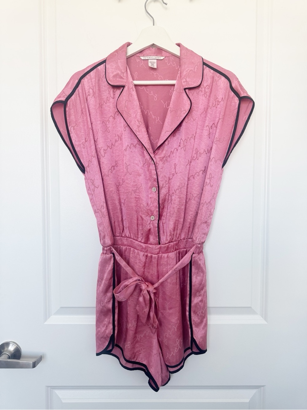 Victoria's Secret Pink Satin Short Sleeve Romper Black Piping & All Over Logo S